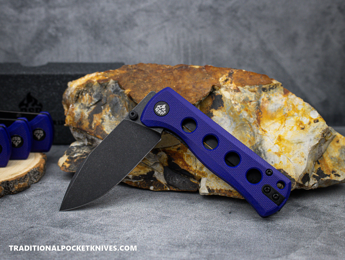 QSP Canary Folding Knife QS150-D2 Purple G10 Black Stonewashed 14C28N Steel
