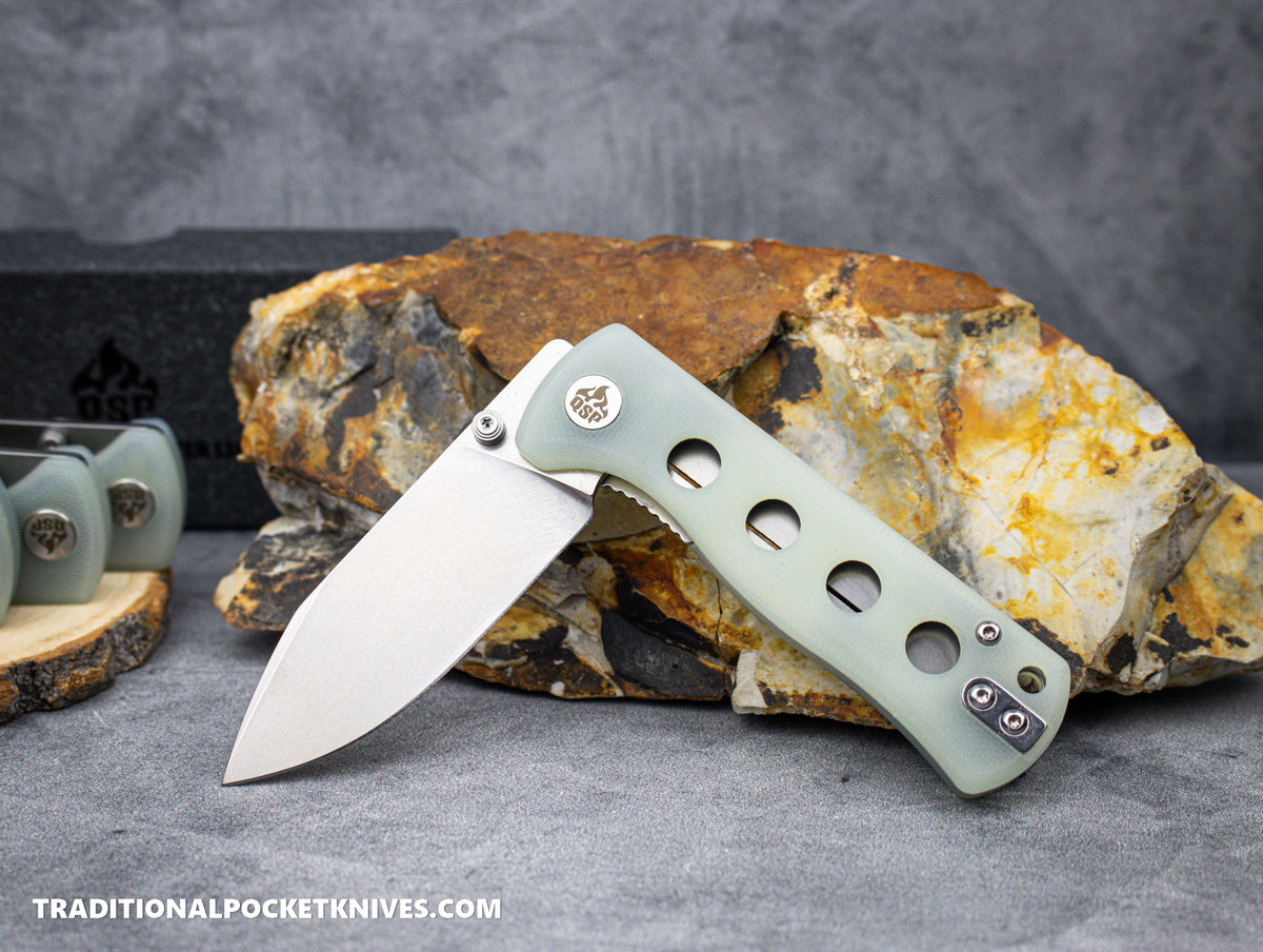 QSP Canary Folding Knife QS150-E1 Jade G10 Stonewashed 14C28N Steel