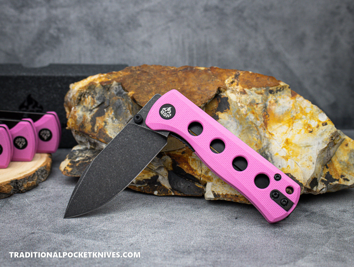 QSP Canary Folding Knife QS150-H2 Pink G10 Black Stonewashed 14C28N Steel