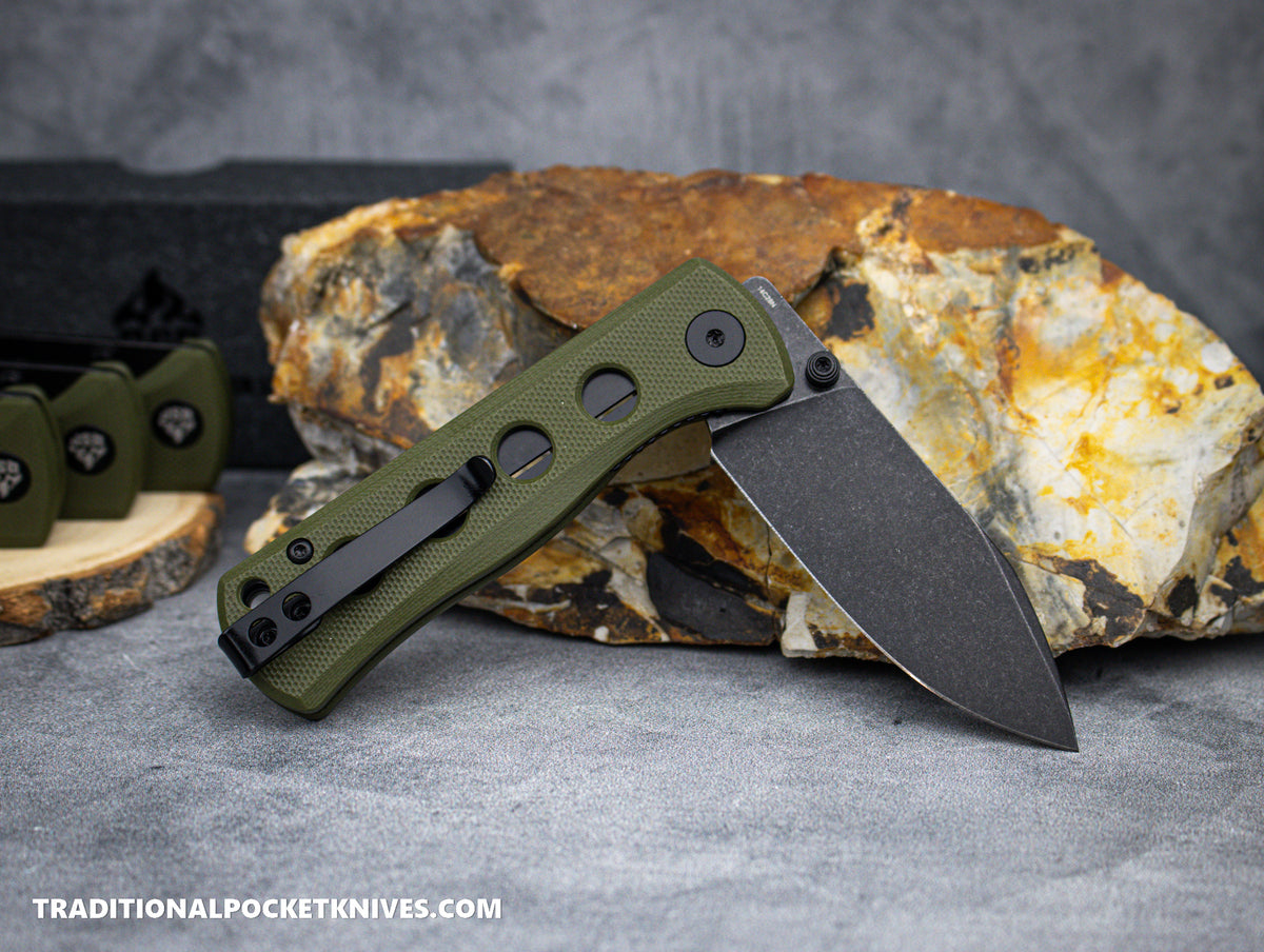 QSP Canary Folding Knife QS150-F2 Olive Green G10 Black Stonewashed 14C28N Steel
