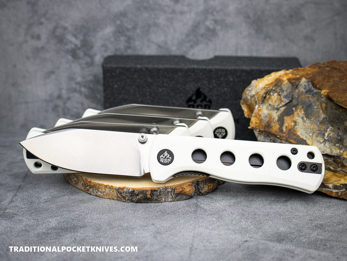 QSP Canary Folding Knife QS150-G1 White G10 Stonewashed 14C28N Steel