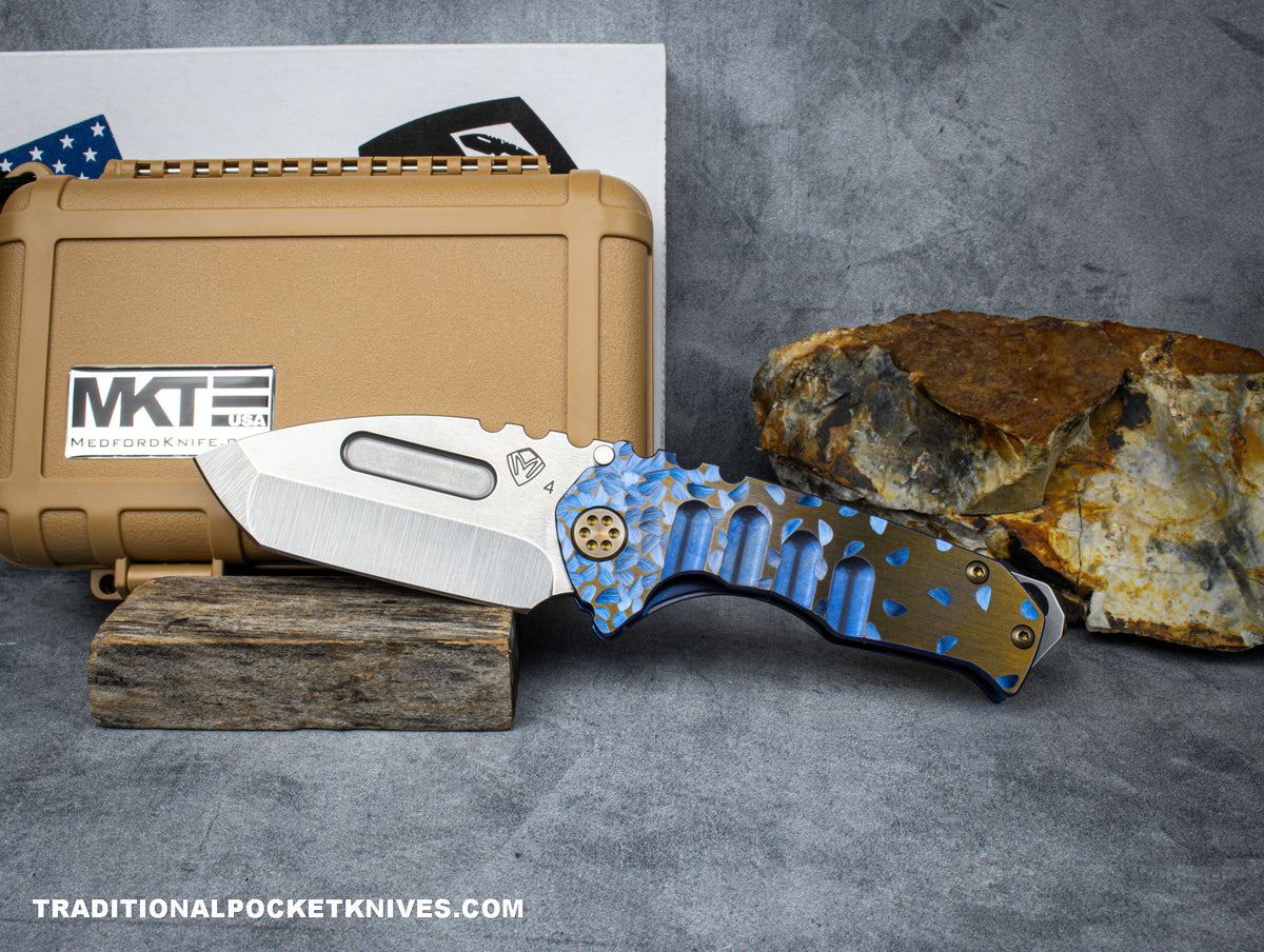 Medford Knives Genesis T / Tumbled Tanto / S45VN / Blue &quot;Hammered Fade&quot; w/ Faced Bronze Flats Handle and Spring / Bronze HW / &quot;Hammered Fade&quot; Clip