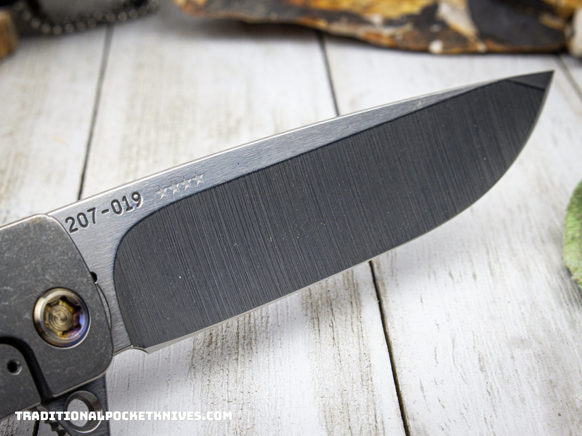 Medford Knives M-48 /  Tumbled Long Drop Point / S35VN / Blue Handle / Tumbled Spring / Flamed HW / Flamed Clip