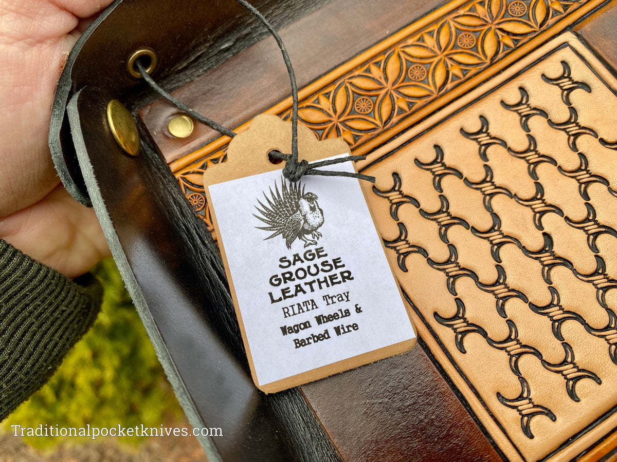 Sage Grouse Leather RIATA Packable Tooled Leather Catch-All Tray Wagon Wheels and Barbed Wire