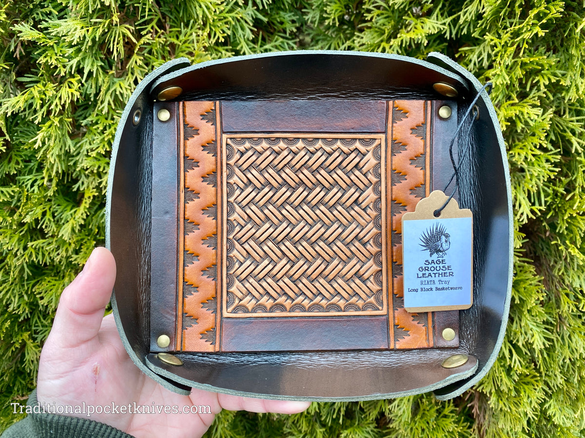Sage Grouse Leather RIATA Packable Tooled Leather Catch-All Tray Long Block Basketweave