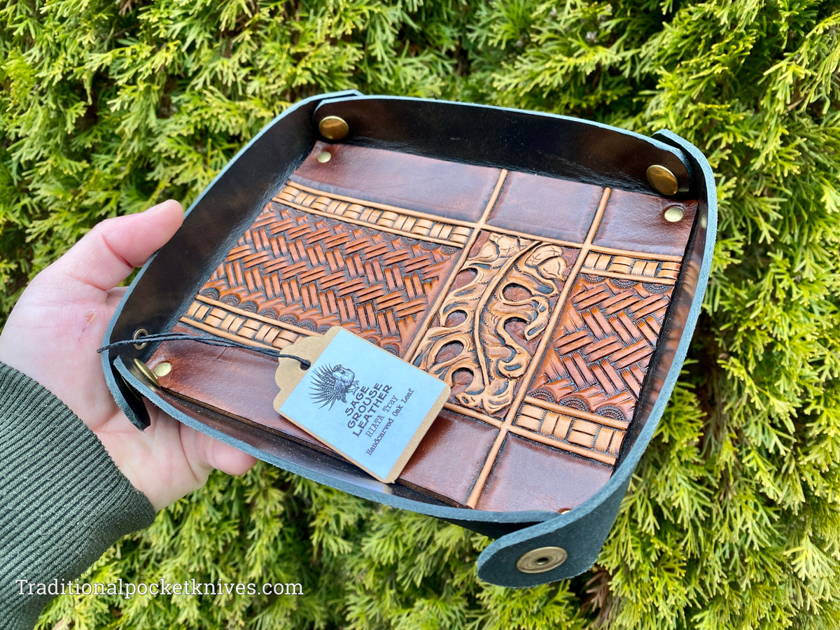 Sage Grouse Leather RIATA Packable Tooled Leather Catch-All Tray Hand-Carved Oak Leaf