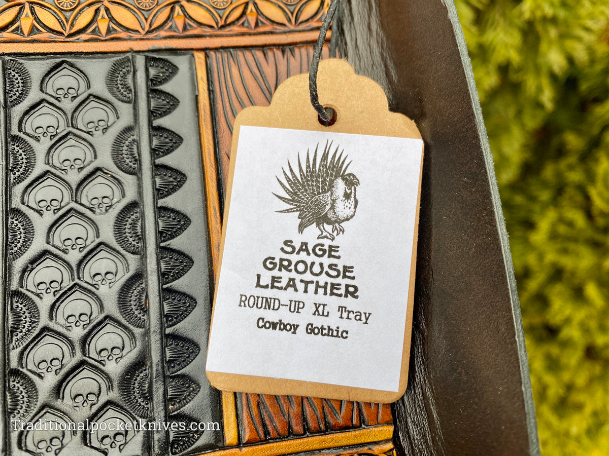 Sage Grouse Leather ROUND-UP XL Packable Tooled Leather Catch-All Tray Cowboy Gothic
