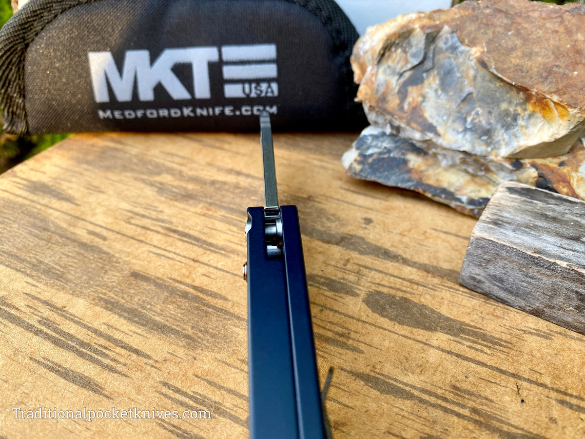 Medford Knives Praetorian Swift Auto Tumbled Drop Point / S35VN / Blue PVD Handles / Bronze HW / Bronze Clip
