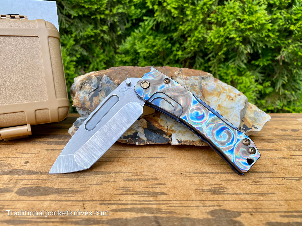 Medford Knives Slim Midi Tumbled Tanto / Magnacut / Faced Flamed &quot;Starry Night&quot; Handle, Blue Spring / Bronze HW / Brushed Flamed Clip