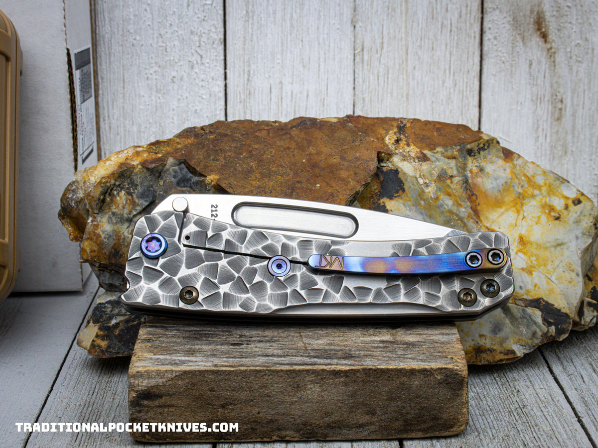 Medford Knives Slim Midi / Tumbled Tanto / S45VN / Brushed Silver &quot;Peaks and Valleys&quot; Handle and Spring / Flamed HW / Brushed Flamed Clip