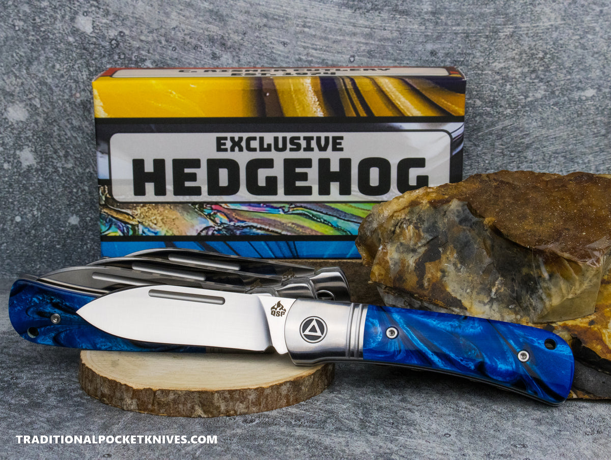 QSP Exclusive Hedgehog Knife QS142SP: Blue Wave Acrylic 14C28N Spearpoint