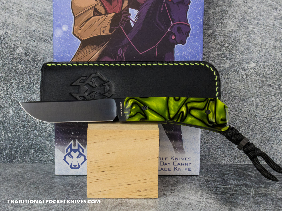 Jack Wolf Knives Pioneer FIXedc Kirinite Toxic Green Belt Satin DLC #17