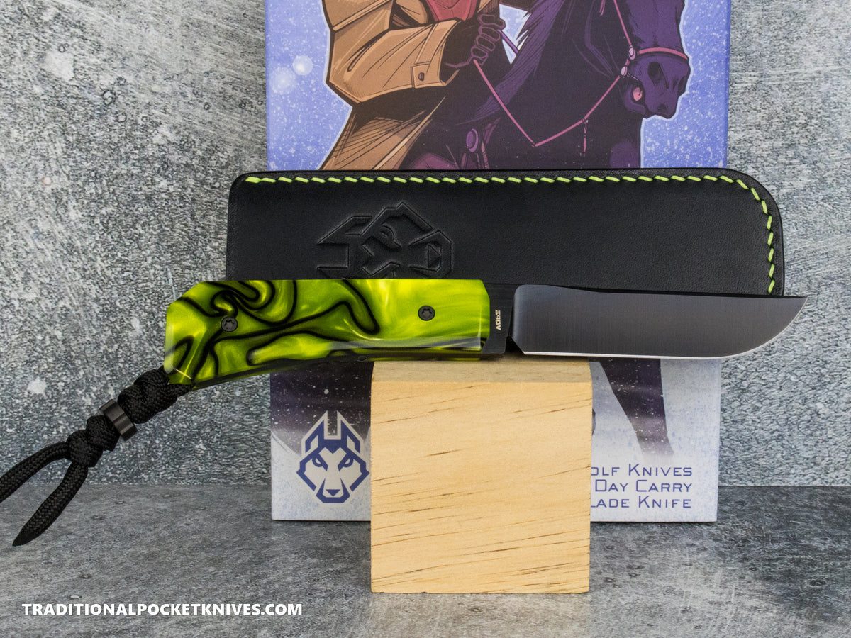 Jack Wolf Knives Pioneer FIXedc Kirinite Toxic Green Belt Satin DLC #17