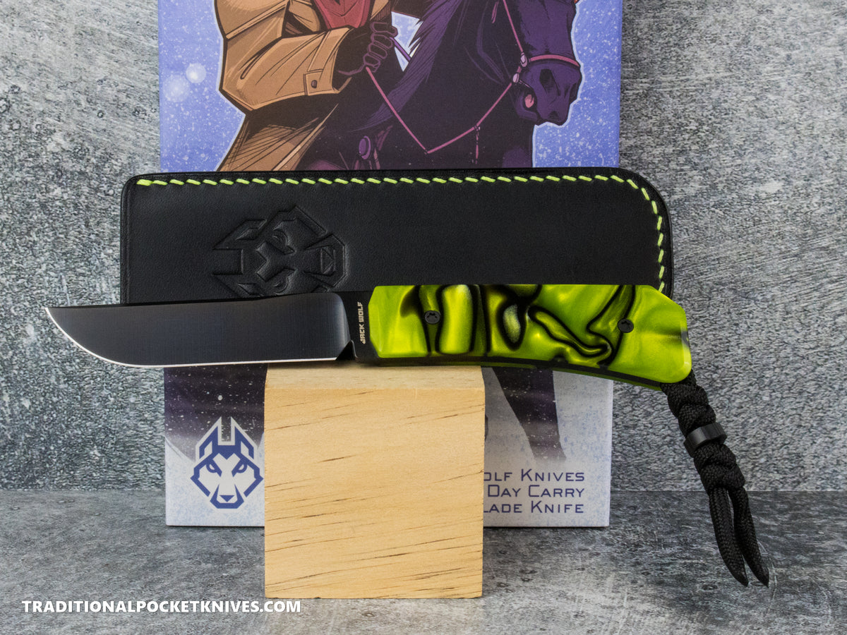 Jack Wolf Knives Pioneer FIXedc Kirinite Toxic Green Belt Satin DLC #18