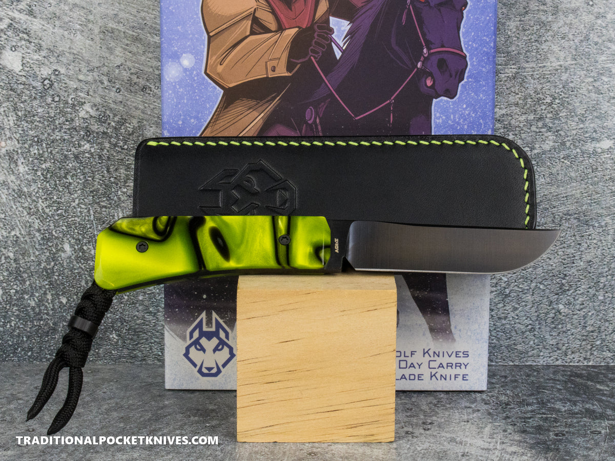 Jack Wolf Knives Pioneer FIXedc Kirinite Toxic Green Belt Satin DLC #18