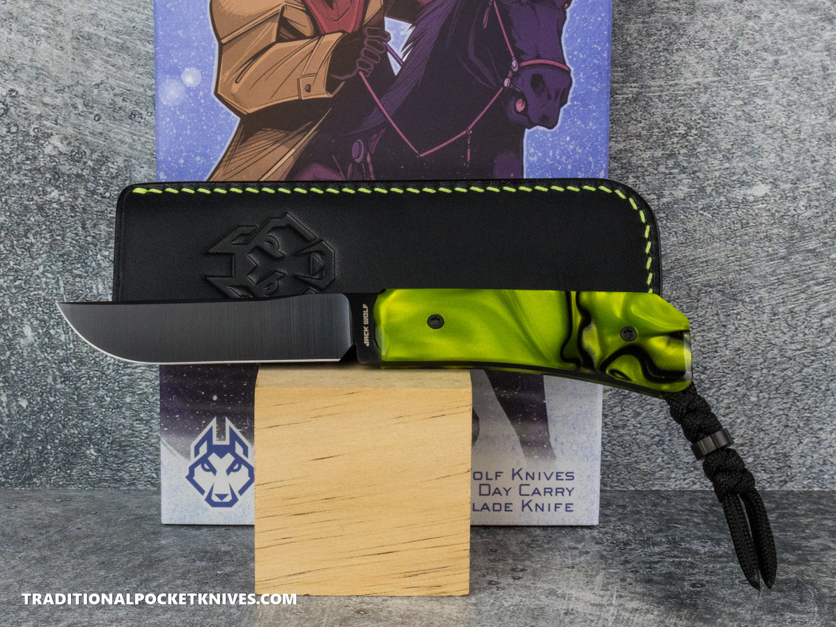 Jack Wolf Knives Pioneer FIXedc Kirinite Toxic Green Belt Satin DLC #19