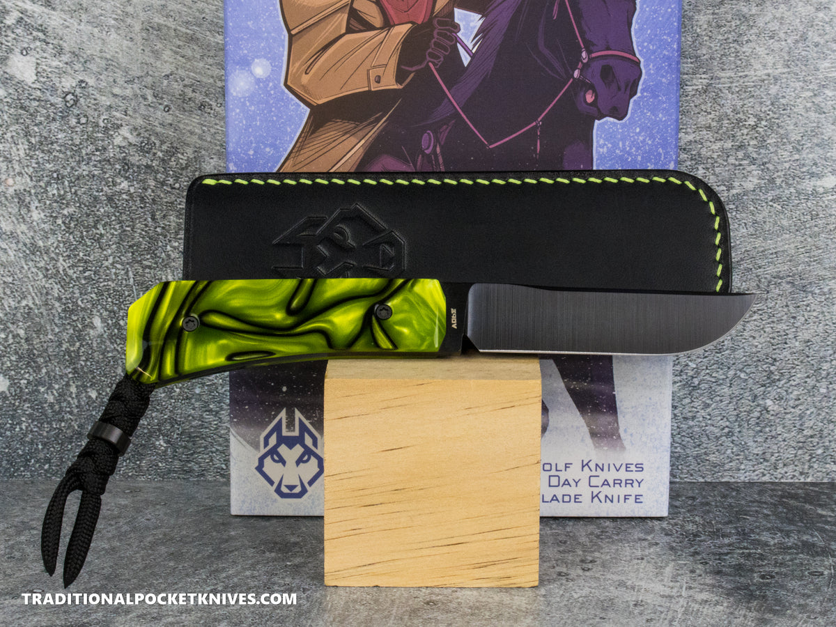 Jack Wolf Knives Pioneer FIXedc Kirinite Toxic Green Belt Satin DLC #19