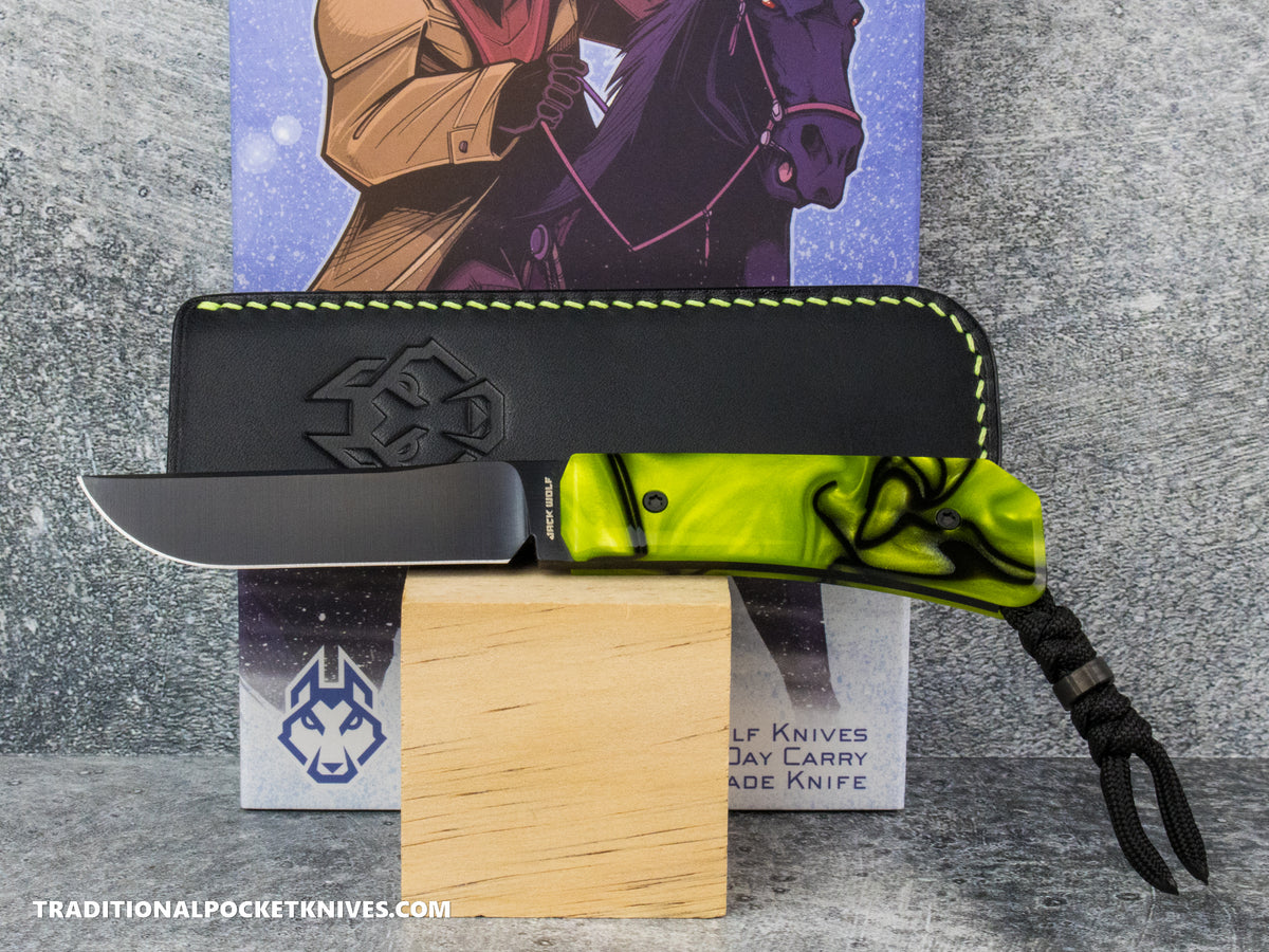 Jack Wolf Knives Pioneer FIXedc Kirinite Toxic Green Belt Satin DLC #20