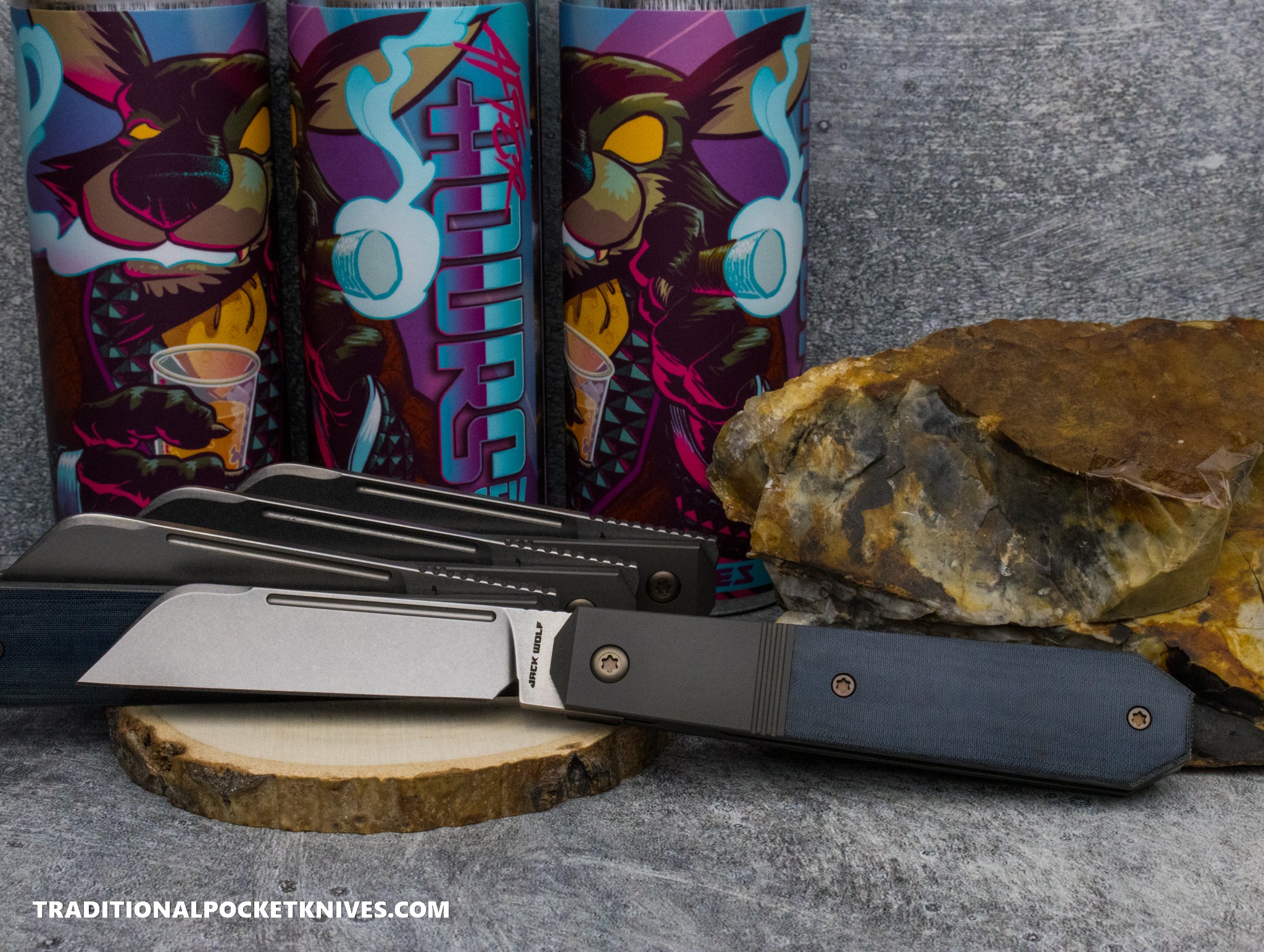 Jack Wolf Knives After Hours Jack Blue Linen Micarta Stonewash - C