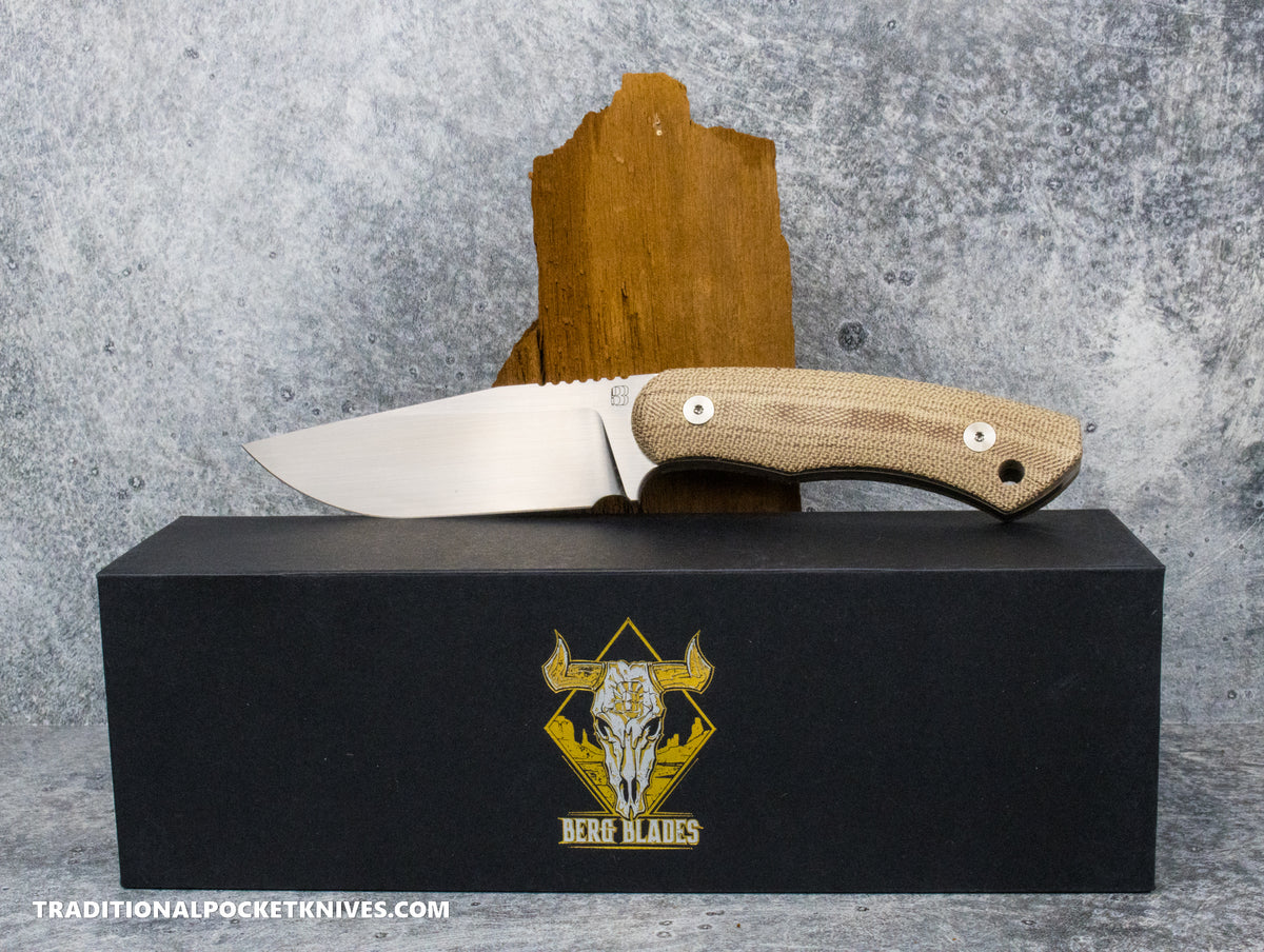 BergBlades Alpha Fixed Blade Natural Micarta Magnacut Satin / Kydex Sheath