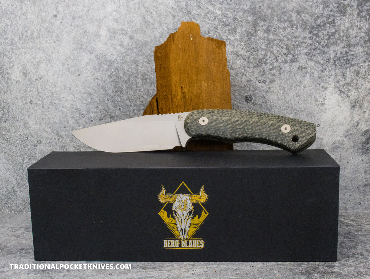 BergBlades Alpha Fixed Blade Black Micarta CPM S35VN Stonewash / Kydex Sheath