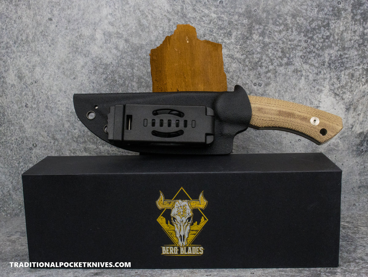BergBlades Alpha Fixed Blade Natural Micarta Magnacut Satin / Kydex Sheath