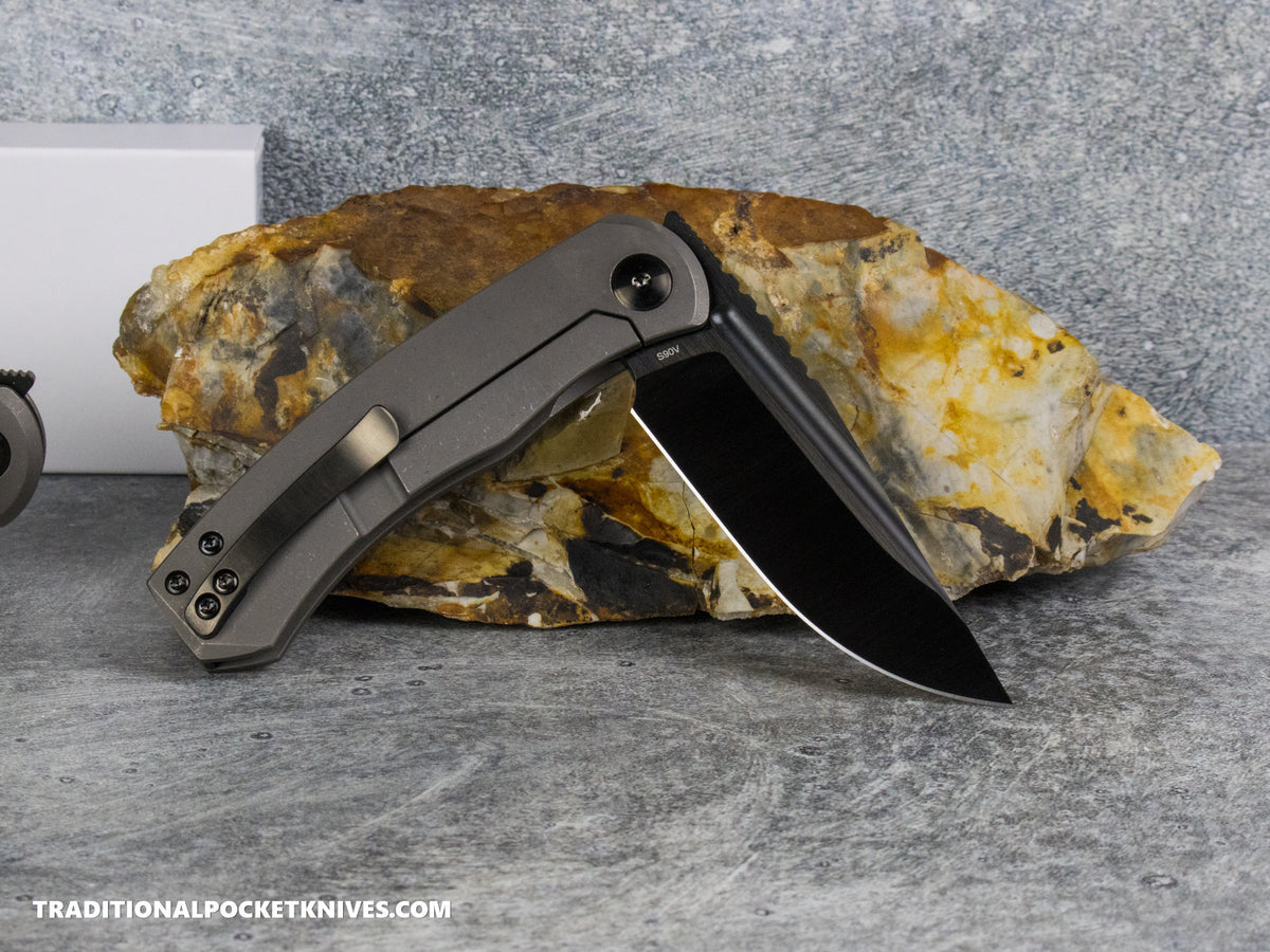 BergBlades Mini Alpha - Dark Stonewashed Titanium - Belt Satin S90V Black DLC