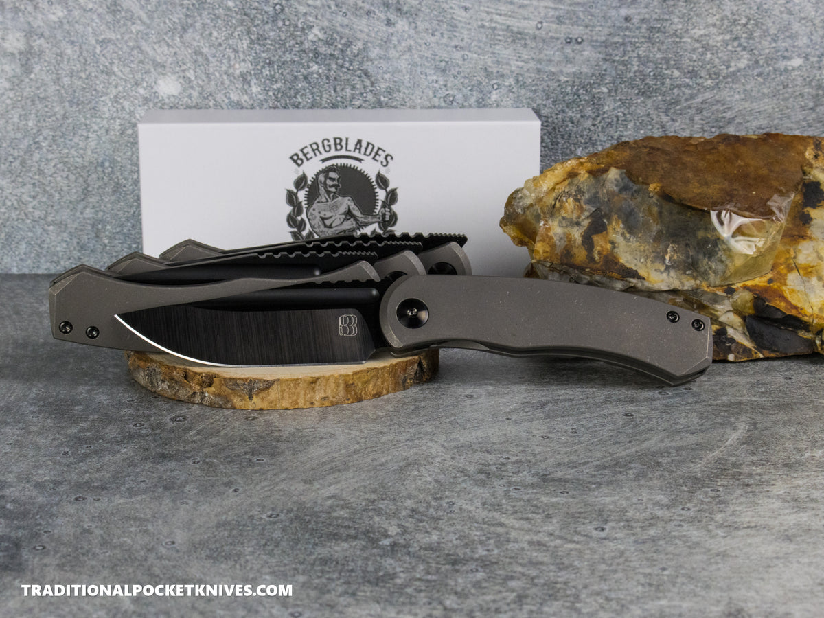 BergBlades Mini Alpha - Dark Stonewashed Titanium - Belt Satin S90V Black DLC