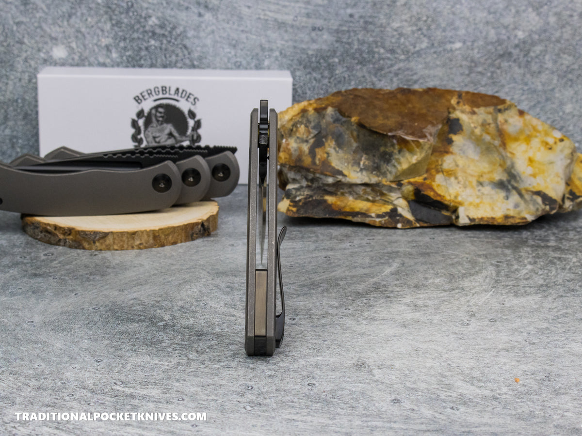 BergBlades Mini Alpha - Dark Stonewashed Titanium - Belt Satin S90V Black DLC