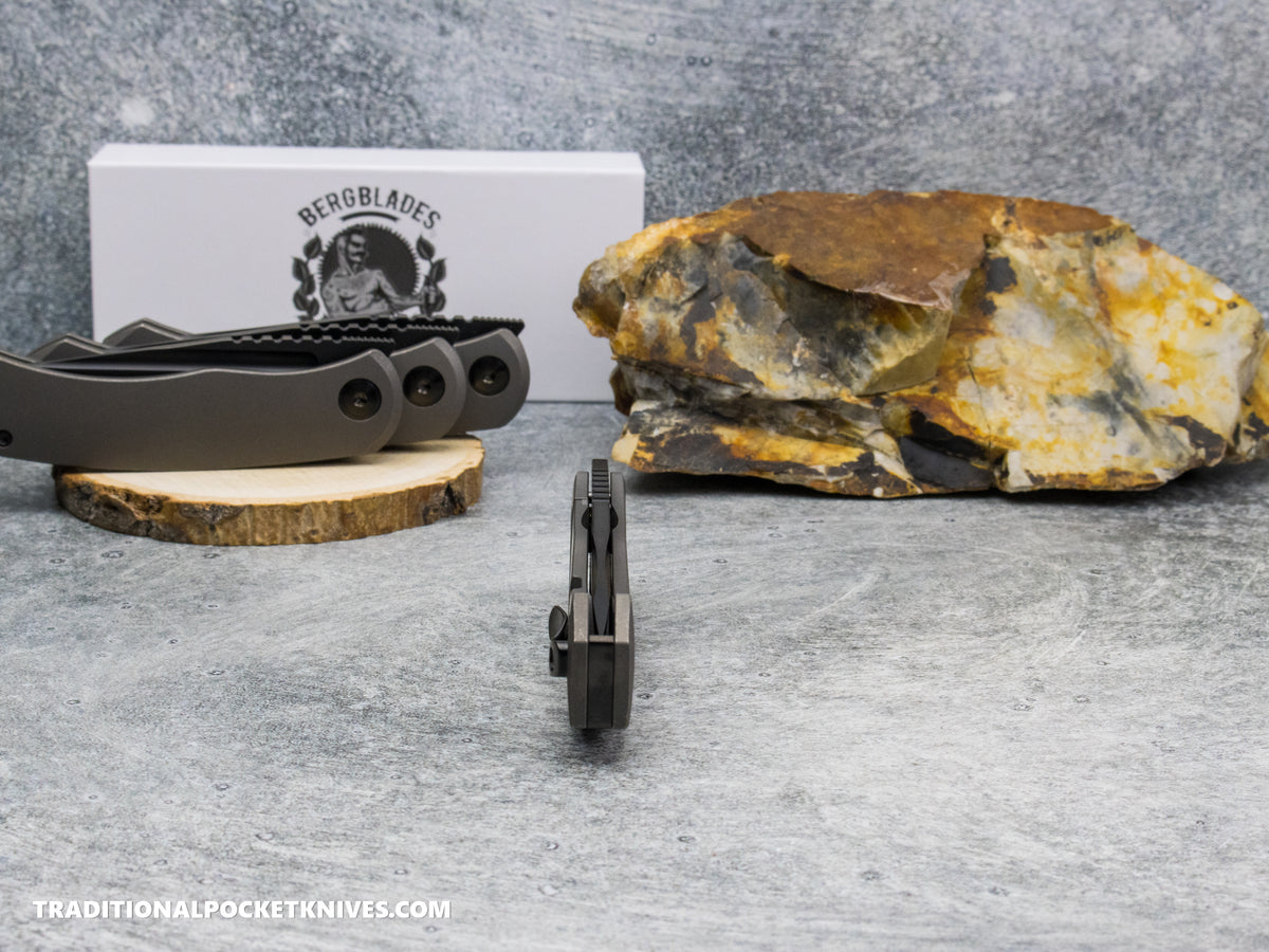 BergBlades Mini Alpha - Dark Stonewashed Titanium - Belt Satin S90V Black DLC