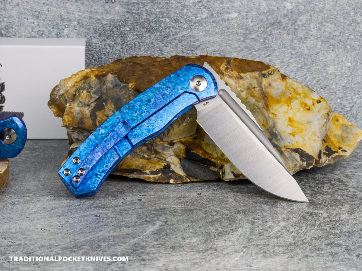 BergBlades Mini Alpha - Blurple Crystalized Titanium - Belt Satin S90V
