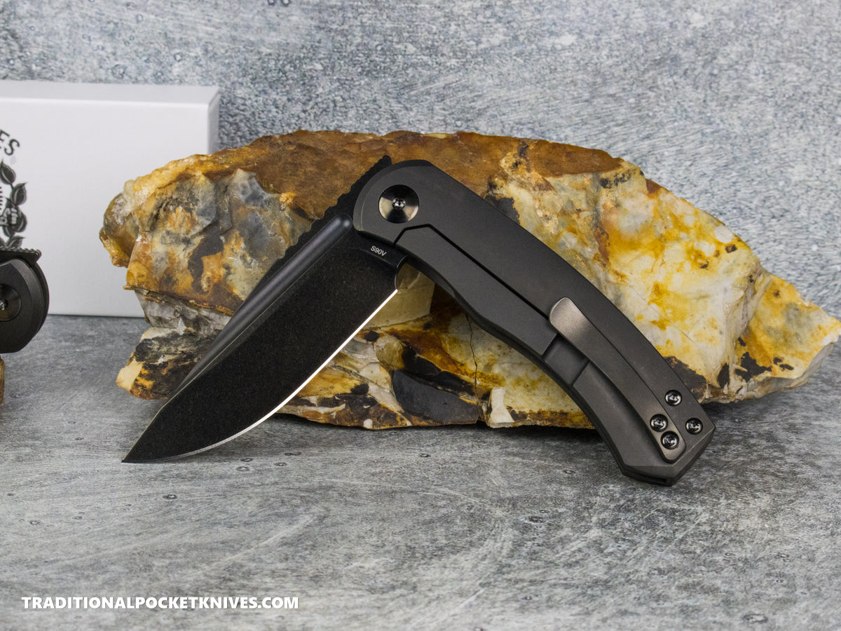 BergBlades Mini Alpha - Black DLC Titanium - Polished Stonewashed S90V Black DLC ***LEFTY VERSION***