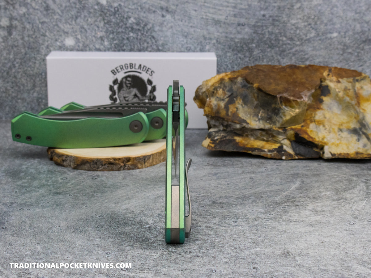 BergBlades Mini Alpha - Green Anodized Stonewashed Titanium - Dark Stonewashed S90V