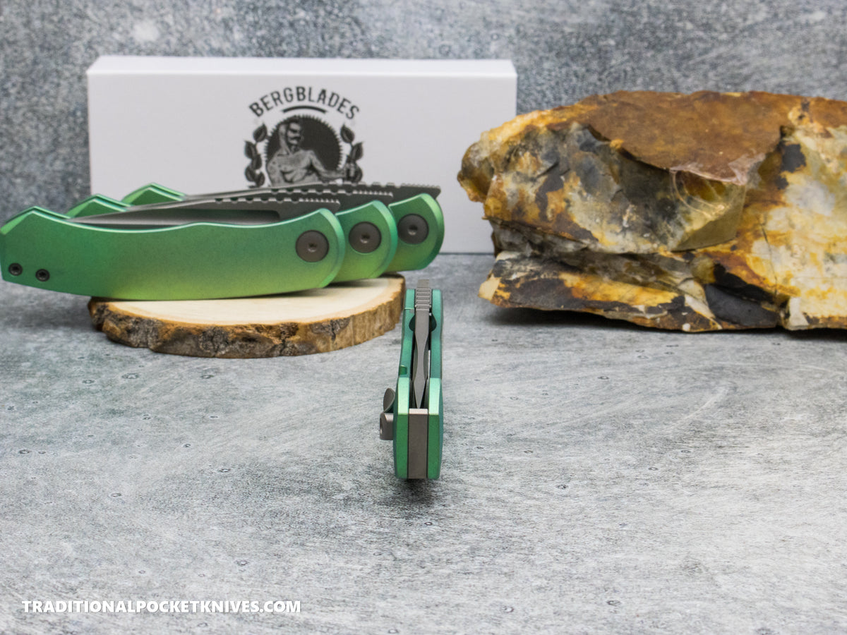 BergBlades Mini Alpha - Green Anodized Stonewashed Titanium - Dark Stonewashed S90V
