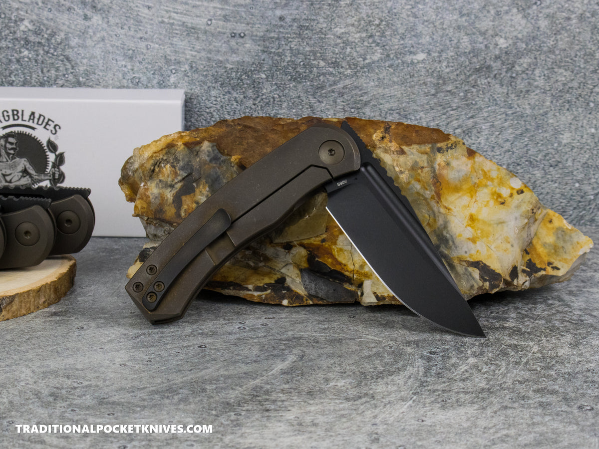 BergBlades Mini Alpha - Bronze Anodized Tumbled Titanium - Stonewashed Black DLC S90V