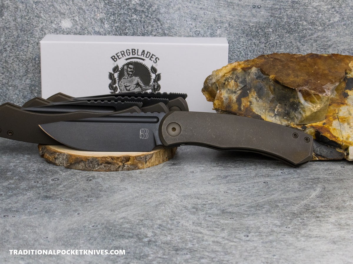 BergBlades Mini Alpha - Bronze Anodized Tumbled Titanium - Stonewashed Black DLC S90V