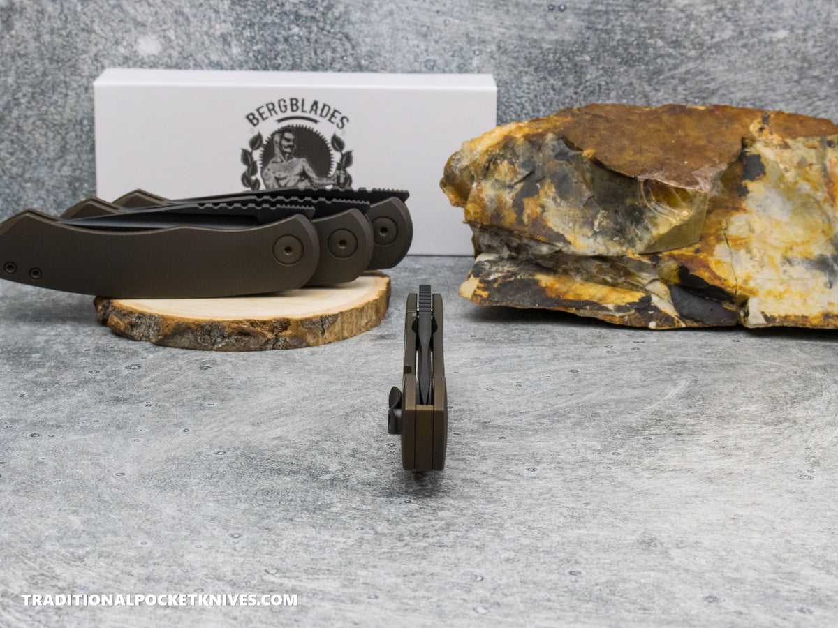 BergBlades Mini Alpha - Bronze Anodized Tumbled Titanium - Stonewashed Black DLC S90V