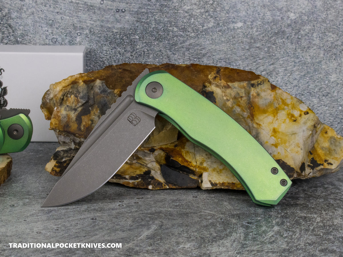 BergBlades Mini Alpha - Green Anodized Stonewashed Titanium - Dark Stonewashed S90V