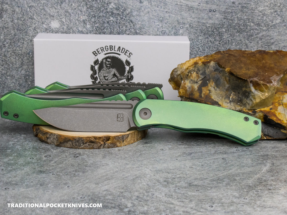 BergBlades Mini Alpha - Green Anodized Stonewashed Titanium - Dark Stonewashed S90V