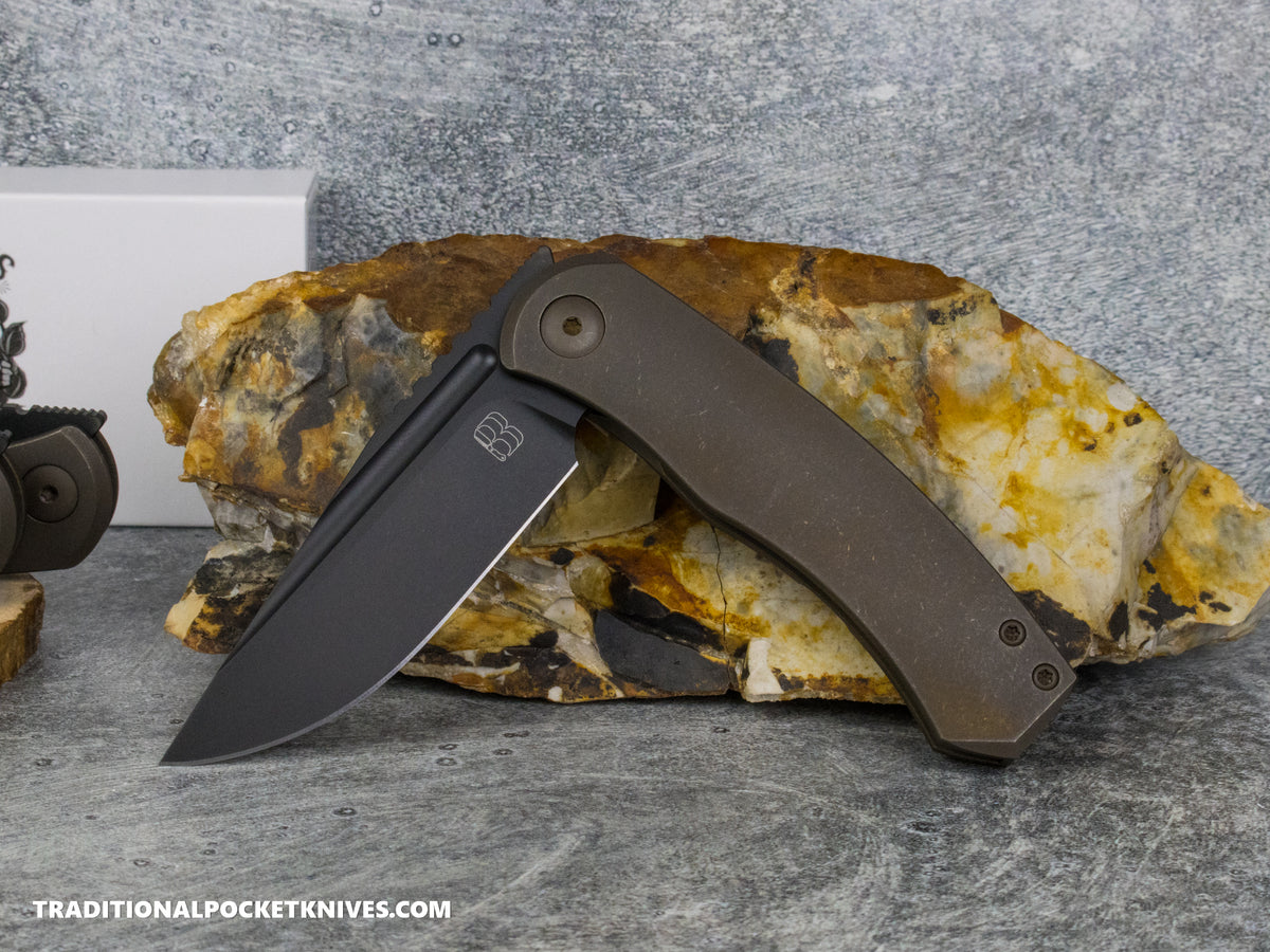 BergBlades Mini Alpha - Bronze Anodized Tumbled Titanium - Stonewashed Black DLC S90V