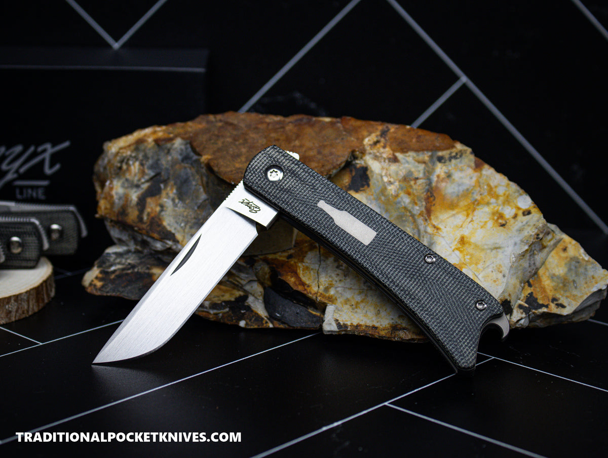 ESNYX Silver Line Beer Buster Front Flipper M390 Black Micarta Bead Blasted Titanium Shield (BBFF-65)