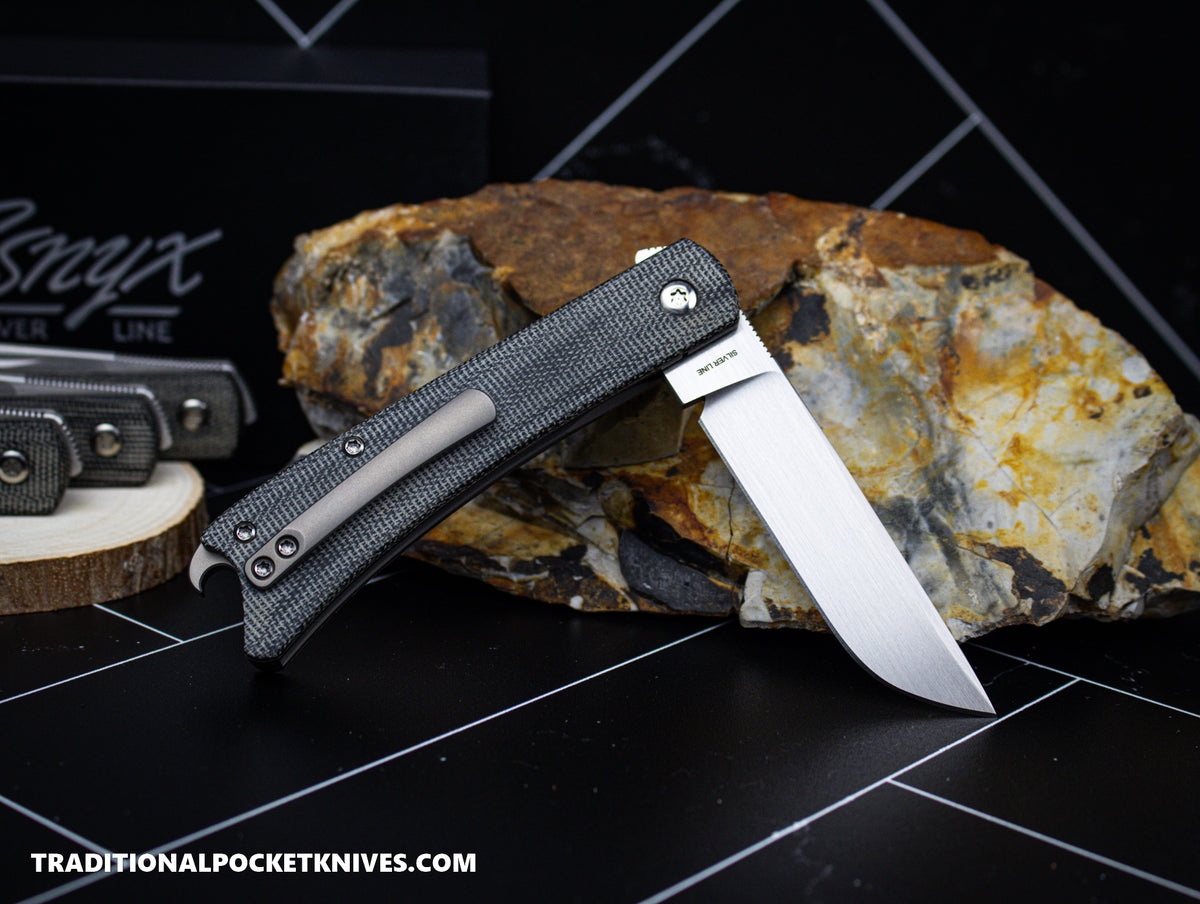 ESNYX Silver Line Beer Buster Front Flipper M390 Black Micarta Bead Blasted Titanium Shield (BBFF-65)