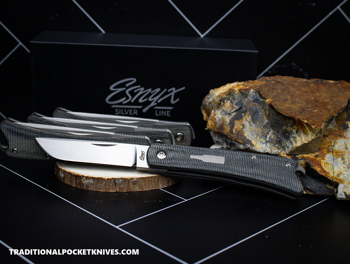 ESNYX Silver Line Beer Buster Front Flipper M390 Black Micarta Bead Blasted Titanium Shield (BBFF-65)