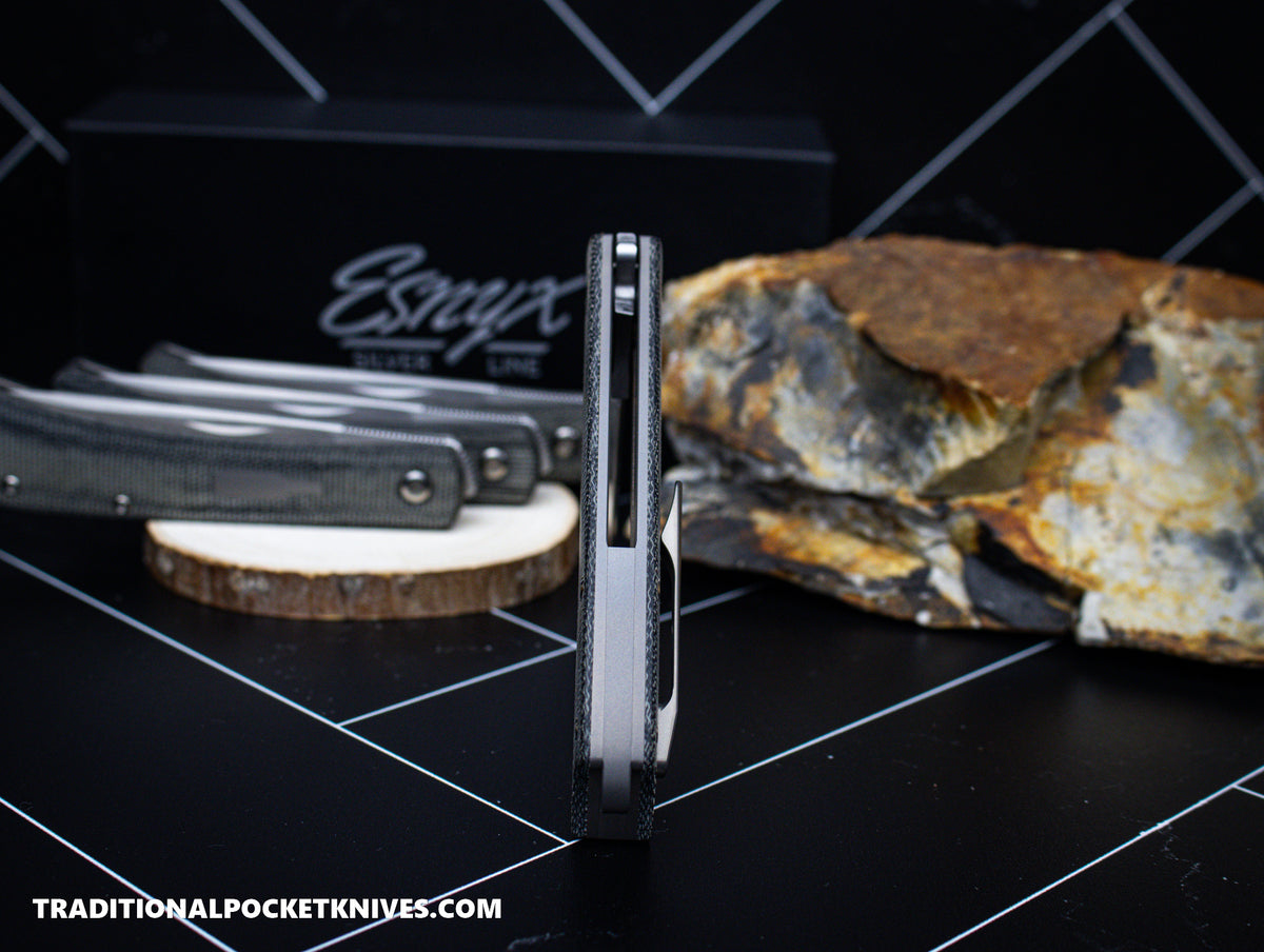 ESNYX Silver Line Beer Buster Front Flipper M390 Black Micarta Bead Blasted Titanium Shield (BBFF-65)