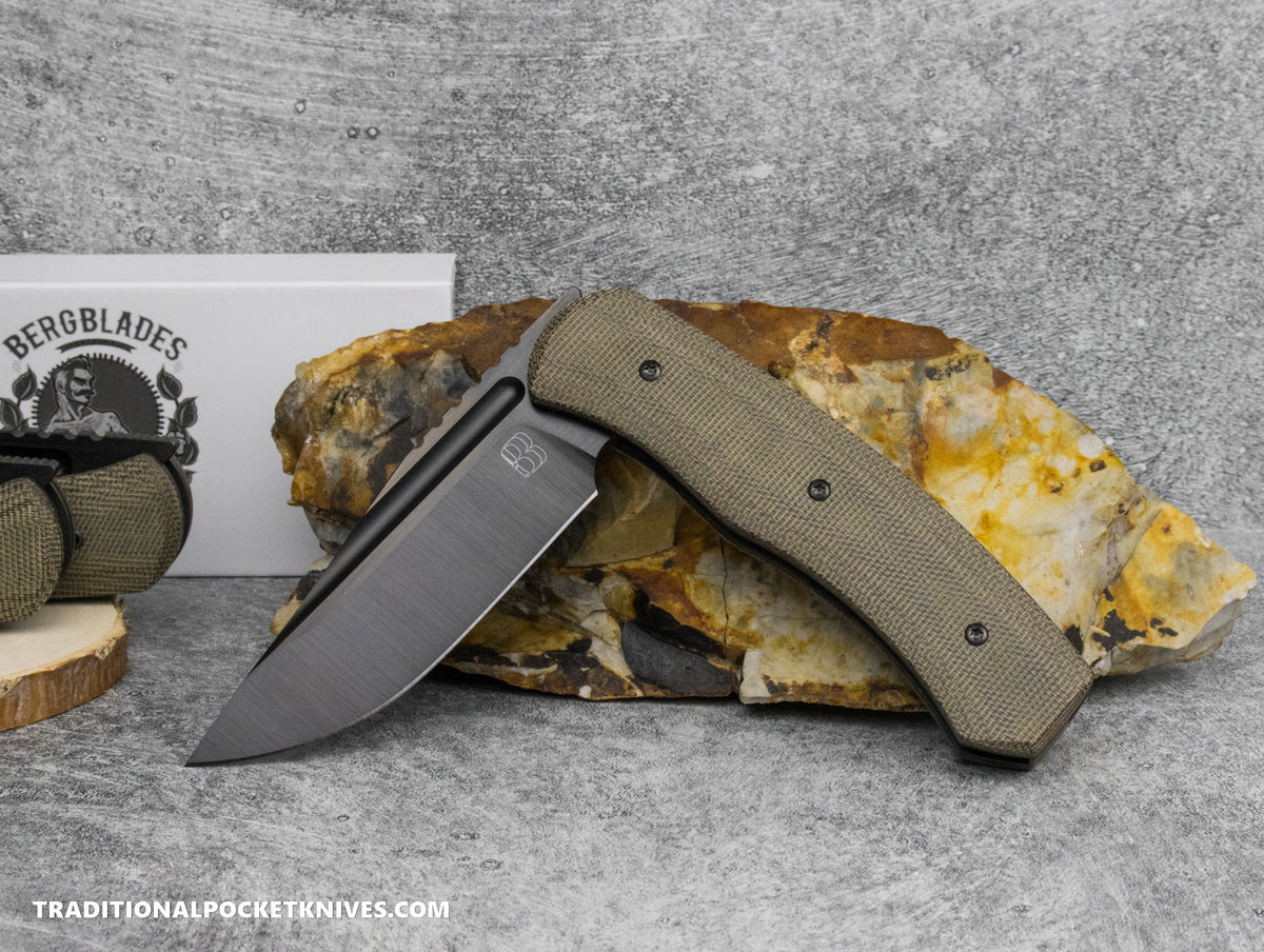 BergBlades Alpha Liner Lock Green Micarta Satin DLC Magnacut