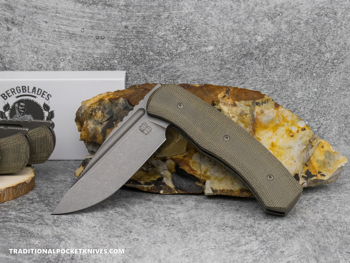 BergBlades Alpha Liner Lock Green Micarta Sandblast Stonewash Magnacut