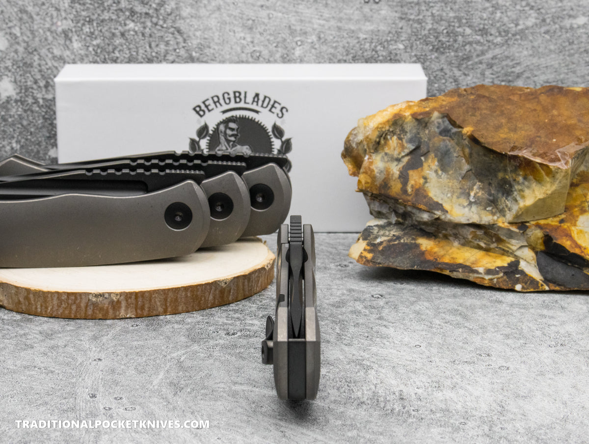 BergBlades Alpha Frame Lock Sandblast Stonewash Titanium DLC Magnacut