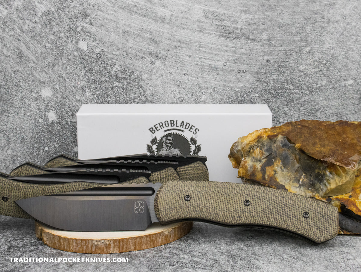 BergBlades Alpha Liner Lock Green Micarta Satin DLC Magnacut