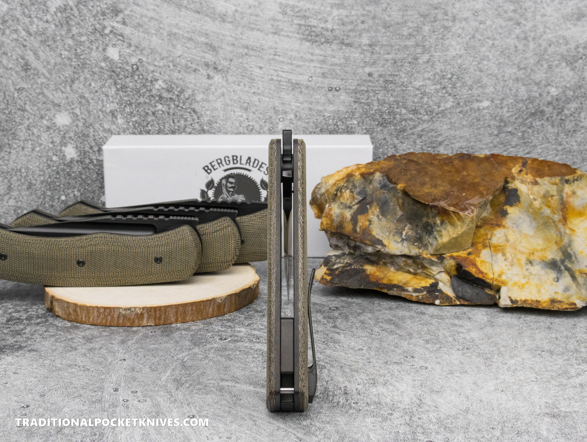 BergBlades Alpha Liner Lock Green Micarta Satin DLC Magnacut