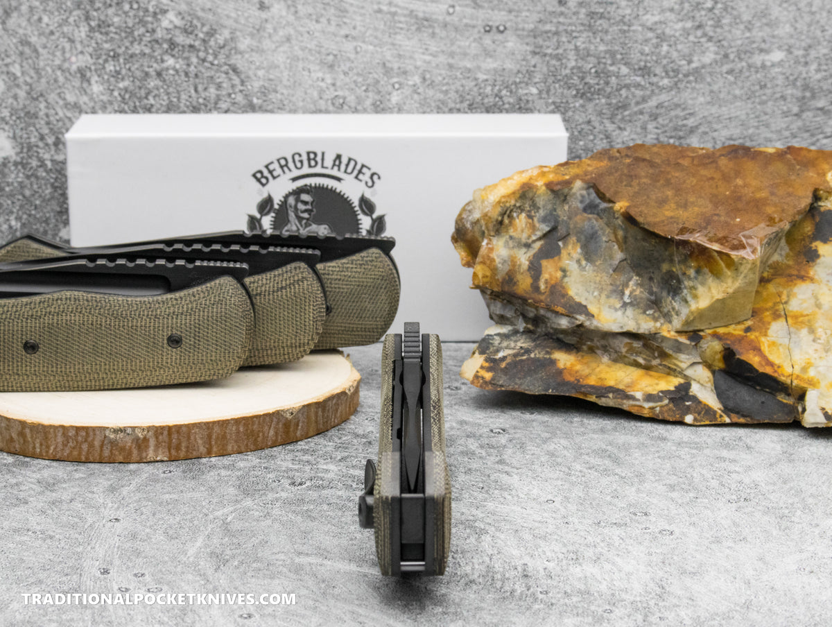 BergBlades Alpha Liner Lock Green Micarta Satin DLC Magnacut
